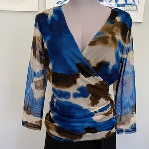 DKNY Blue and Brown Abstract Wrap Blouse